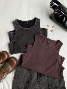 Comfortcana Bộ 2 áo hai dây dệt kim nhuộm loang - màu nâu - Xem 5