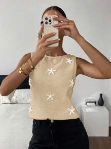 SHEIN Frenchy Chaleco de punto con cuello redondo y decoración floral casual para mujer en otoño/invierno - Albaricoque - Ver 4