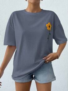EURMUSE 100%Cotton Summer Flower Flocking White T-Shirt - Grey - View 5