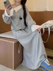 DAZY 女士不对称领长袖卫衣半裙两件套，秋冬款 - 深灰色 - 查看 7