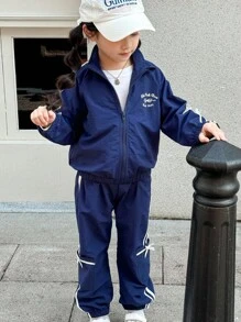 两件套：少女休闲蝴蝶结条纹长袖外套 + 韩版条纹蝴蝶结口袋休闲裤（秋冬款） - 藍白色 - 查看 7