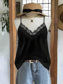 SHEIN CURVE+ 大码女式纯色撞色蕾丝宽松吊带背心 - 黑色 - 查看 5