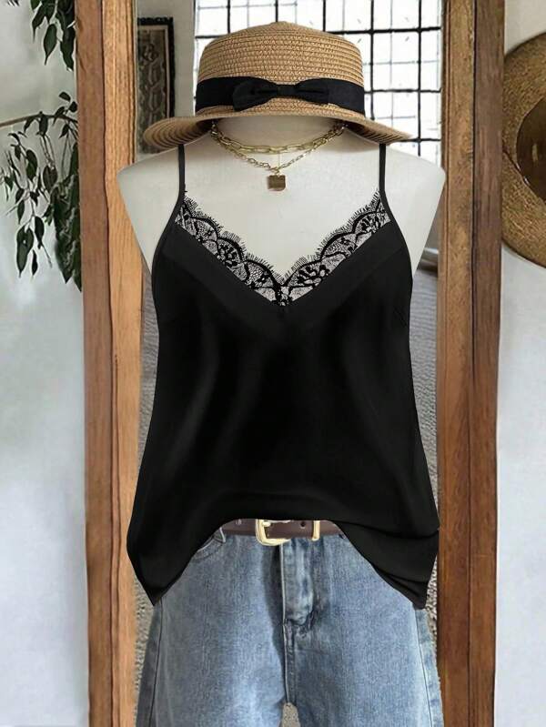 EMERY ROSE Débardeur élégant noir unicolore avec insert en dentelle, col en V, taille grande. Convient pour les vacances, les rendez-vous, les fêtes, la mode