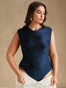 Anewsta 大码女士绷带无袖连体衣，藏蓝色高领紧身设计，夏季上衣，显瘦塑形，遮掩小肚腩