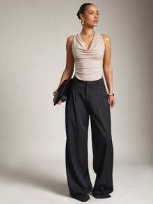 Hauture Old Money Sexy Business Casual High Waist Pleated Wide Leg Pants – Elegant Solid Color Loose Trousers, Professional Office Wear, Chic Tailored Work Pants For Women - Black - View 3