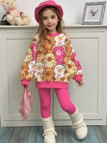 SHEIN Happikins 2pcs Young Girl Casual Cute Capybara Cartoon Animal Print Crew Neck Long Sleeve Sweatshirt And Leggings Set, Suitable For Autumn/Winter Fall - Multicolor - View 2