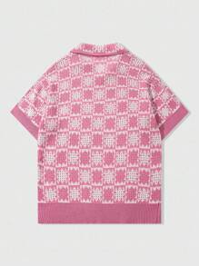 ROMWE MEN Casual 男士全格纹休闲宽松针织短袖上衣 - 粉色 - 查看 2