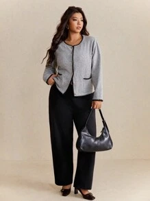 Elaquor Áo khoác cardigan cài nút phía trước hai túi viền tương phản thường ngày cỡ lớn cho mùa thu/đông - Hồng - Xem 1