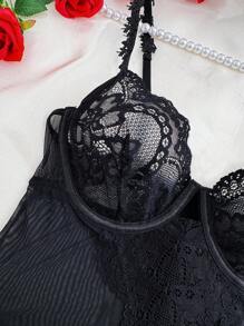 4pcs/Set Lace Contrast Mesh Women Sexy Underwire Lingerie Set For Going Out, Baddie Look