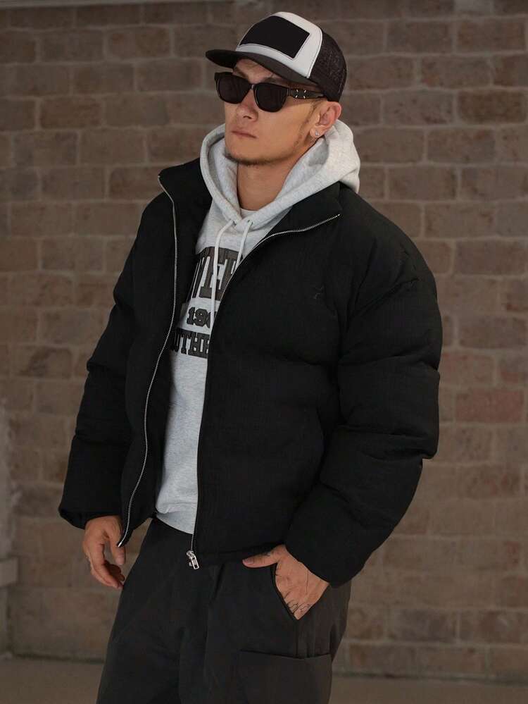 Textured Fabric Embroidered Pattern Thickened Stand Collar Men's Padded Coat, Winter