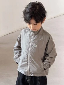 SHEIN Little Byeori Young Boy Casual Letter Print Front Zip Jacket Boys Zip Up Jacket Kids Zip Up Jacket Boys Summer Jacket Kids Summer Jacket Boy Jacket,In Fall/Winter - Grey - View 6