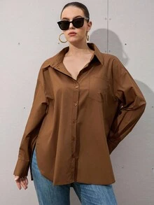 EMERY ROSE Camisa casual de manga larga, bolsillo y abotonadura sencilla para mujer de talla grande, unicolor - Marrón - Ver 5