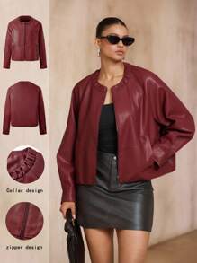 SHEIN Unity Solid Color Zipper Pocket Casual Versatile Fashion Long Sleeve Jacket Fall Winter Cloth For Women - Burgundy - View 1