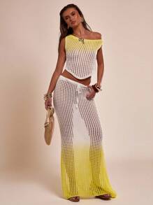 SHEIN BAE Women's White And Yellow Asymmetric Neck Strapless Knit Tops,Slouchy Boho Summer Casual Resort Woolen Knit,Street Wear Vacation Holiday - Multicolor - View 7