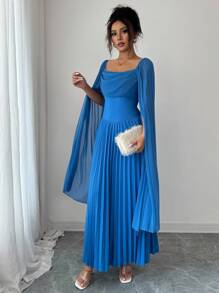 Elenzga 女士优雅百褶中长连衣裙，适合约会和度假 - 藍色 - 查看 6