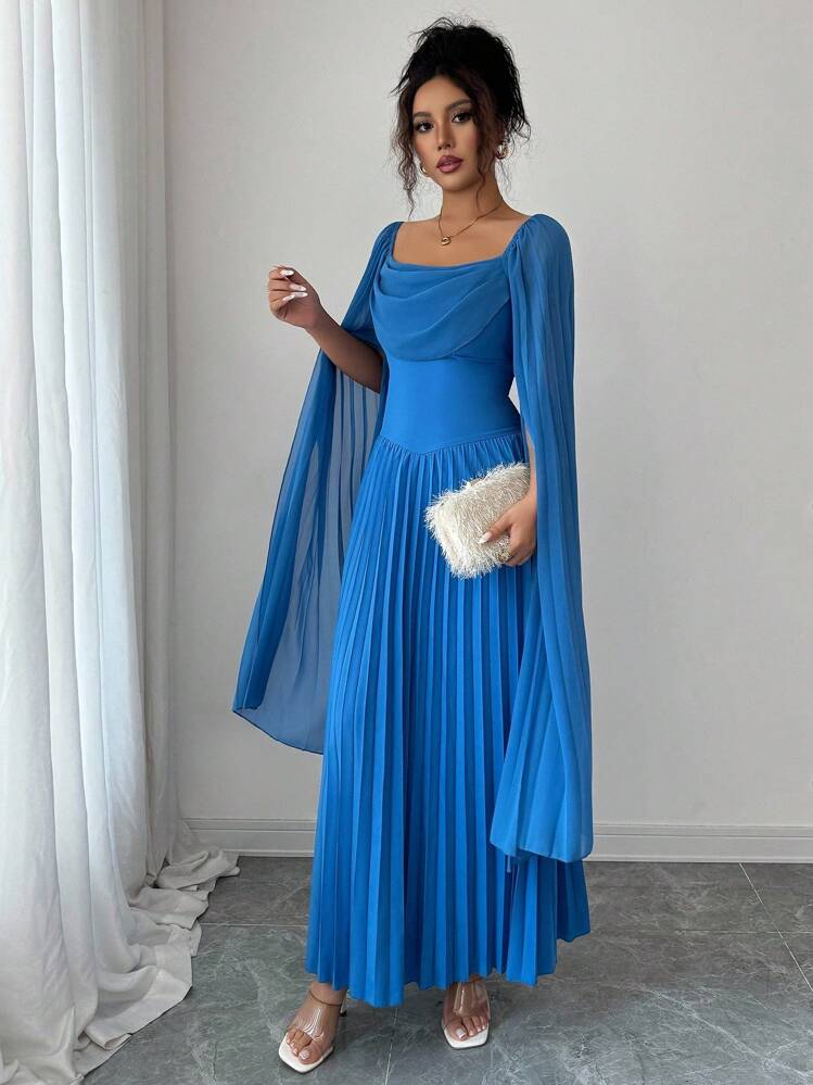 Elenzga 女士优雅百褶中长连衣裙，适合约会和度假 - 藍色 - 查看 6