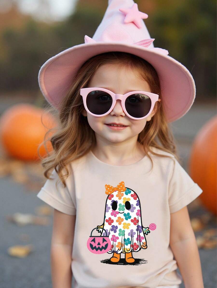 SHEIN Adorable Baby Girl Halloween Top In Beige With Round Neck And Colorful Ghost Design Baby Girl Halloween Shirt Ghost Halloween Shirt Girl Baby Girl Halloween Clothes Baby Girl Halloween Costumes Girls Fall Clothes - Beige - View 1