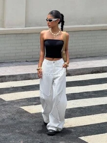 SHEIN EZwear Quần ống rộng túi đính hạt thường ngày cho nữ - trắng - Xem 7