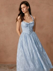 SHEIN Unity 浅蓝色女式吊带抽绳蝴蝶结腰提花优雅长裙，婚礼宾客礼服，仙女裙，露肩 - 藍色 - 查看 7