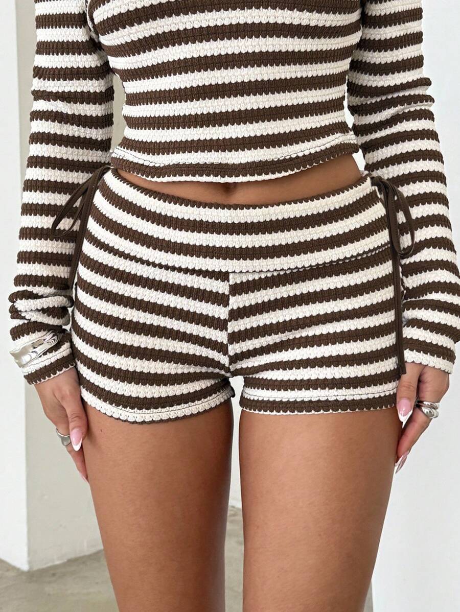 Aloruh Pantaloni scurți mini sexy cu talie joasă, cu dungi maro și albe, Y2K, pentru femei - Multicolor - Vizualizare 1