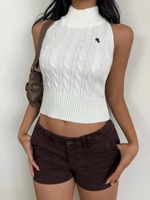 SHEIN EZwear 女士时尚扭纹针织高领无袖露背上衣 - 白色 - 查看 7