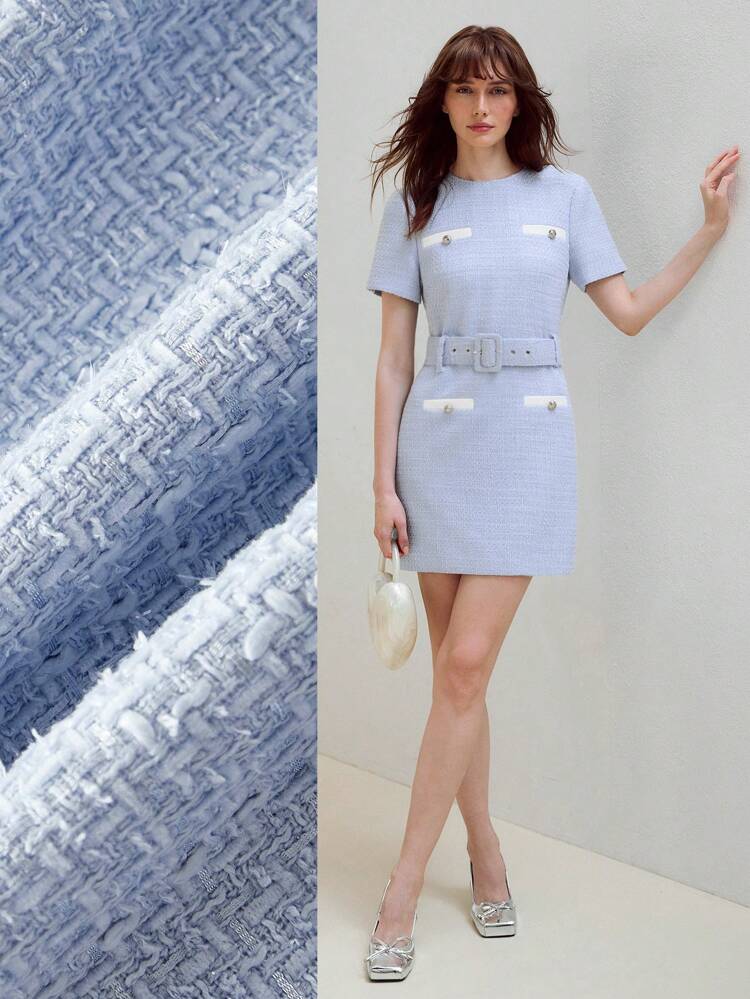 CONTRAST TRIM BELTED DRESS