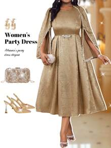 Fleurora 春夏秋冬优雅派对婚礼酒会圣诞节金色金属钻石锁子甲珍珠 3D 玫瑰加大码纯色休闲连衣裙，适合夏季巡航装女士 - 金色 - 查看 1