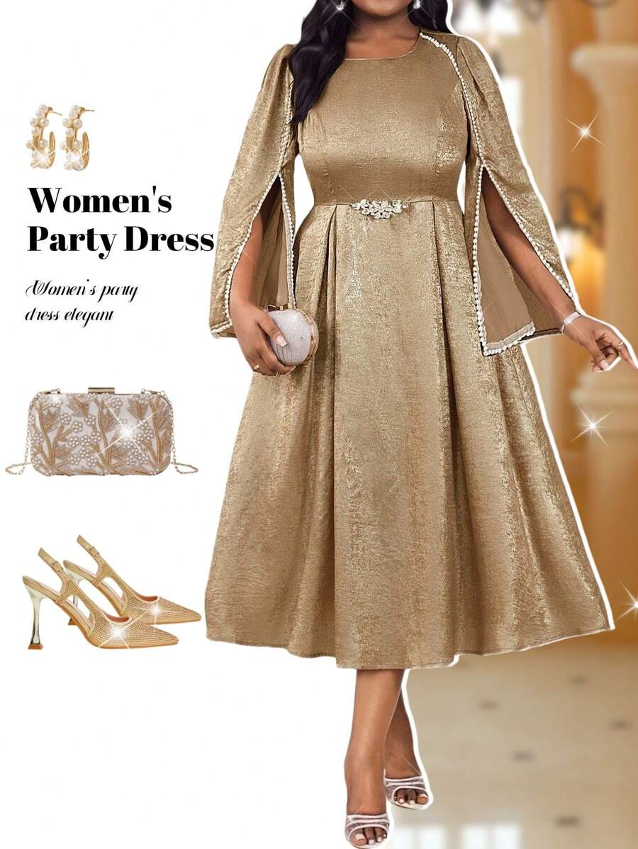 Fleurora 春夏秋冬优雅派对婚礼酒会圣诞节金色金属钻石锁子甲珍珠 3D 玫瑰加大码纯色休闲连衣裙，适合夏季巡航装女士 - 金色 - 查看 1