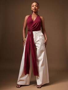 Denimoi 雪纺垂坠斜襟前结上衣，适合约会之夜晚餐早午餐 - 酒紅色 - 查看 2