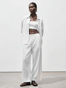 Lumivelle 欧美风条纹宽松衬衫松紧腰直筒裤两件套全白休闲套装春季大学生服装 - 白色 - 查看 5