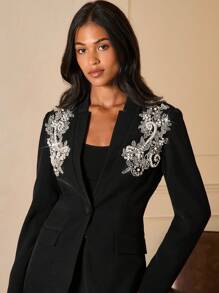 Lilora Women's Casual Commuting Lapel Blazer Black Blazer For Women Black Blazer With Embellishments Embellished Blazer Black Embellished Blazer Beaded Blazer In Fall/Winter