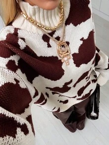 Muchica 新款秋季棕色毛衣女装老款秋季女式休闲立领牛奶纹理毛衣，秋冬奶牛印花毛衣棕色毛衣女冬季毛衣秋季毛衣，豹纹上衣 - 彩色 - 查看 2