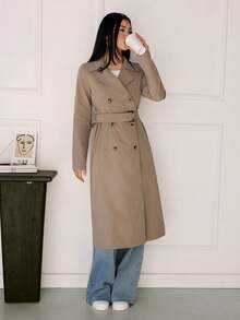 SHEIN Tall 卡其色复古长袖收腰女式风衣,冬季女装,冬季女装外套,除夕,女士夹克,女士,长款女士夹克,冬季女装夹克,优雅夹克,商务女士 - 卡其色 - 查看 3