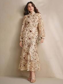 Anewsta Váy màu sâm panh thanh lịch với lưới hoa 3D, sequin, thích hợp cho tiệc tùng, hẹn hò, nghỉ dưỡng - Rượu sâm banh - Xem 3