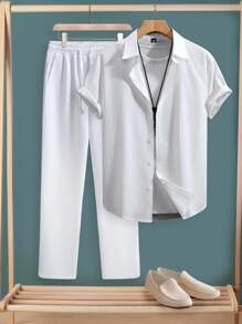 Manfinity Homme Set di camicia a maniche corte casual estiva e pantaloni lunghi con vita con coulisse, stile "Old Money", per uomo