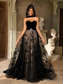 Aureia 优雅奢华刺绣蕾丝和天鹅绒拼布喇叭裙，适合婚礼、派对、度假、舞会、正式活动（重刺绣），黑色 - 黑色 - 查看 7