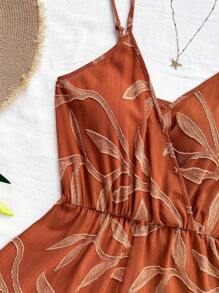 Soleia 女士细肩带交叉裹腰休闲连体裤女士夏季连体裤树叶印花连身裤 - 棕色 - 查看 4