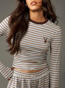 Missguided x Playboy Áo crop top tay dài dệt kim gân phong cách retro co giãn ôm sát họa tiết sọc thiết kế cổ điển màu nâu trắng đơn giản mùa thu đông - Nhiều màu - Xem 3