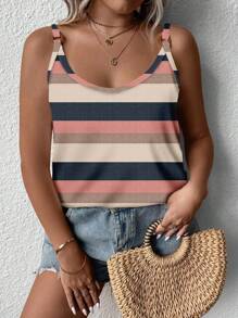 EMERY ROSE Débardeur sans manches décontracté à imprimé rayé coloré avec décoration d'anneau rond, adapté pour les vacances et les loisirs de printemps/été, tailles grandes