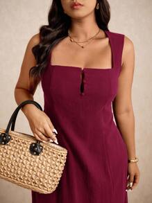 Elaquor Große Größen einfarbiges ärmelloses Lässig Urlaubskleid - Bordeaux - Übersicht 7