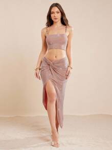 L'Amorae Elegant Metallic Twist Front Asymmetric Skirt, Summer For Women - Dusty Pink - View 4