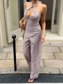 SHEIN EZwear Women's Striped Hollow Out Halter Top And Pants Sexy 2 Pieces Set,Going Out Outfits