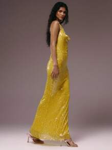 MUSERA Vestido largo asimétrico con cuello de cowl, espalda descubierta y lentejuelas, amarillo, para invierno, verano, vacaciones, salida nocturna, cita, boda, fiesta, elegante, Ibiza, ocasión, femenino, lindo, graduación - Amarillo - Ver 3