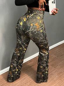 SHEIN CURVE+ Plus Size Minimalist English Print High Waist Waist Cross Design Micro Flared Long Tight Fitting Women's Leggings Suitable For Parties Suitable For Spring And Autumn Seasons - Multicolor - View 2