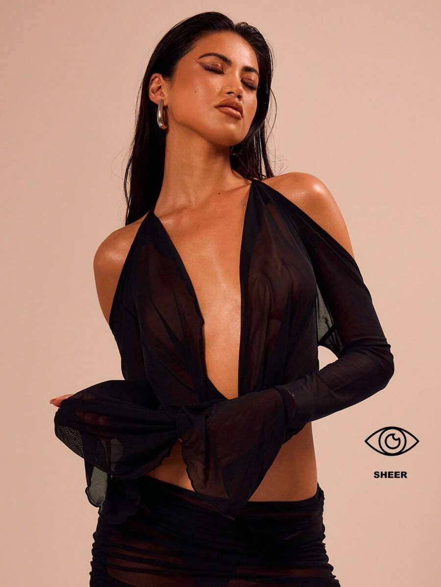 MUSERA 性感外出黑色透视高领长袖上衣，适合伊比沙岛假日音乐节、西部风情之夜、派对、秋冬夏季穿着。 - 黑色 - 查看 1