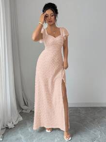 Rafferiza Solid Color Backless Bowknot With Lotus Sleeve High Slit Slim Elegant Spring/Summer Vacation Date Long Dress Summer Dress