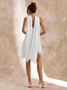 SHEIN BAE Robe moulante blanche sexy à col V profond, ourlet asymétrique en forme de ligne A, robe blanche élégante de graduation - Blanc - Voir 2