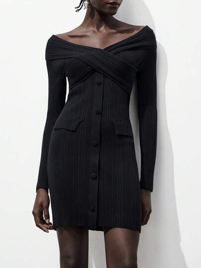 Lumivelle 女式简约纯色优雅露肩毛衣裙