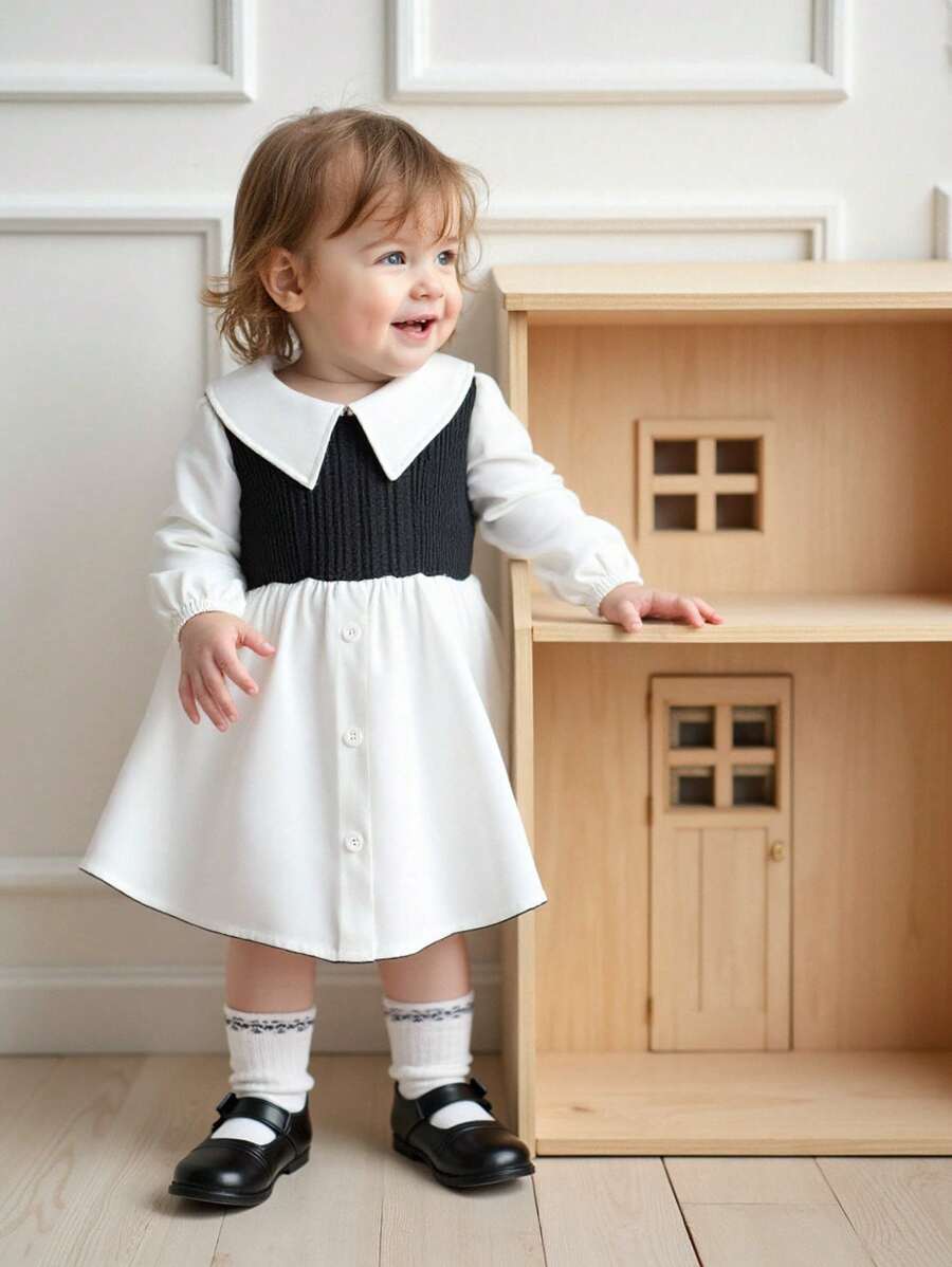 SHEIN 女婴时尚休闲二合一衬衫裙，适合春秋季日常穿着 - 彩色 - 查看 1