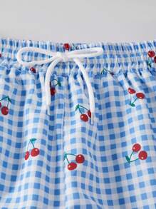 SHEIN Teen Girl Casual Fashion Woven Digital All-Over Checkerboard Cherry Print Pleated Waist Drawstring Comfortable Pants - Blue and White - View 7